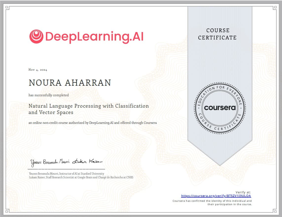 Natural Language Processing with Classification and Vector Spaces Certificate